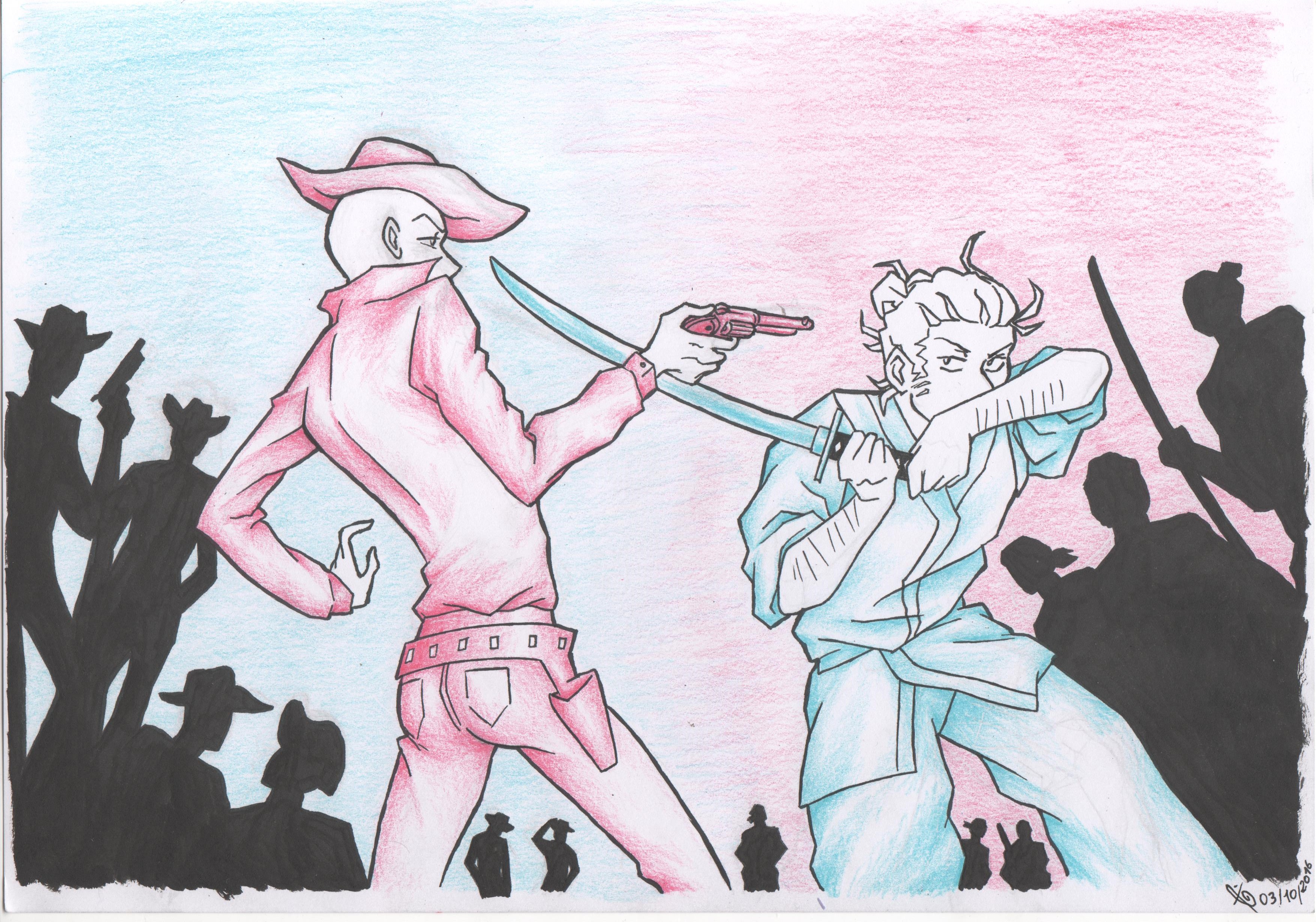 dessin couleur cowboyVSsamouraï